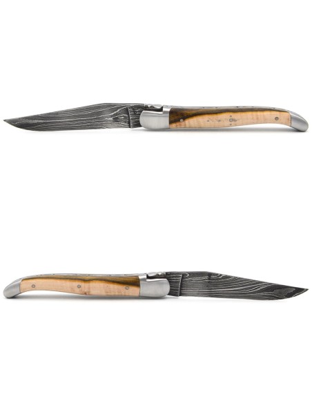 Laguiole 12cm, Damast Klinge, Heftbacken aus mattem Edelstahl, Pistazienbaum