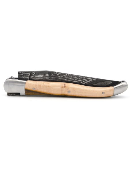 Laguiole 12cm, Damast Klinge, Heftbacken aus mattem Edelstahl, Pistazienbaum