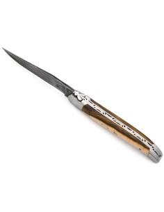 Laguiole 12cm, Damast Klinge, Heftbacken aus mattem Edelstahl, Pistazienbaum 2