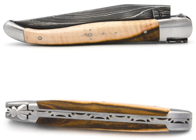 Laguiole 12cm, Damast Klinge, Heftbacken aus mattem Edelstahl, Pistazienbaum