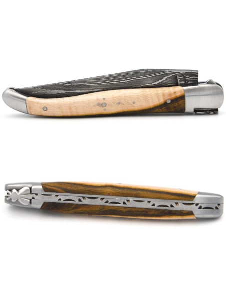 Laguiole pliant, 12cm, acier Damas, manche pistachier, lame seule