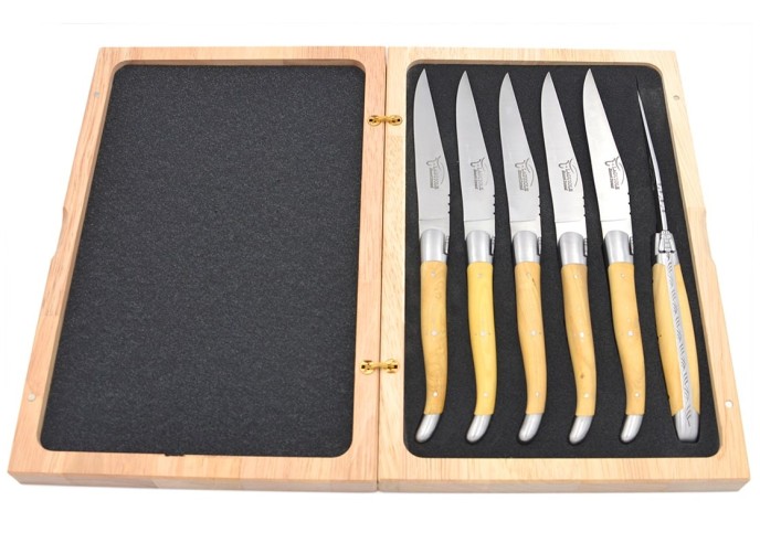 Laguiole Steakmesser, Heftbacken aus mattem Edelstahl, breiterer Griff aus Buchsbaum