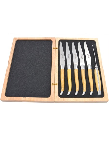 Laguiole steak knives with matt stainless steel bolsters. Wide boxwood handles