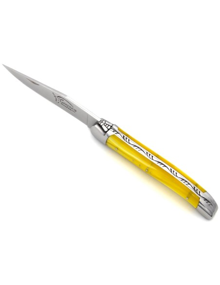Laguiole Klappmesser, 11cm, Geschweißte Biene, Heftbacken aus glänzendem Edelstahl, Griff aus Acryl - gelb