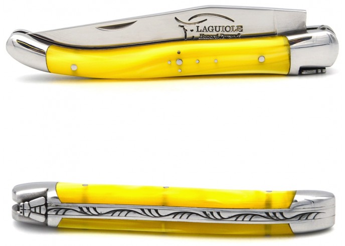Laguiole pocket knife, 11 cm, welded bee, Acrylic - Pearly yellow handle with shiny bolsters
