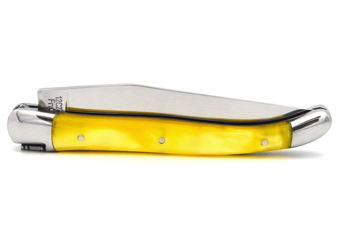 Laguiole Klappmesser, 11cm, Geschweißte Biene, Heftbacken aus glänzendem Edelstahl, Griff aus Acryl - gelb