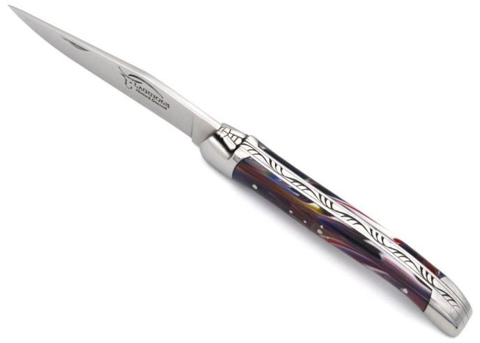 Laguiole pliant, 11 cm, abeille soudée, manche en acrylique multicolore
