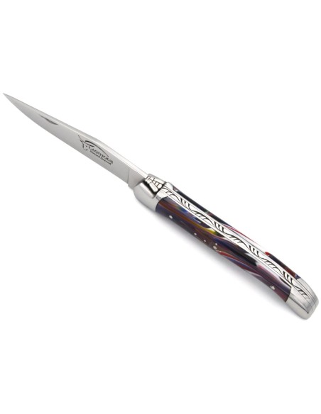 Laguiole pliant, 11 cm, abeille soudée, manche en acrylique multicolore
