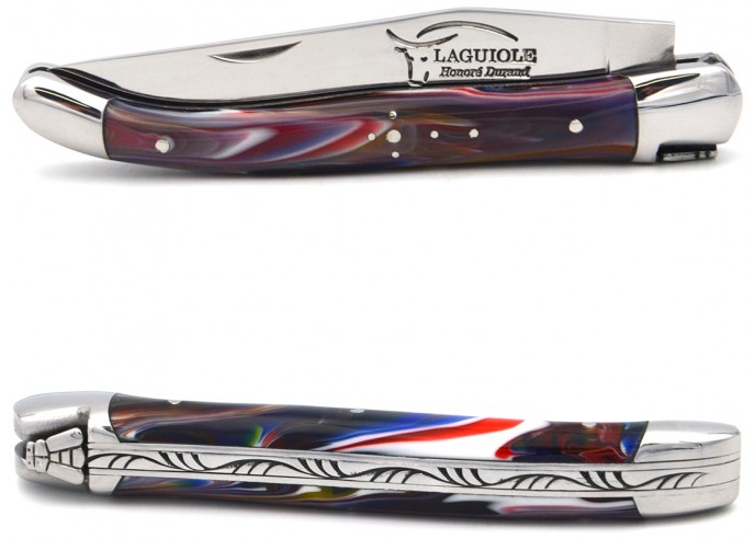 Laguiole pocket knife, 11 cm, welded bee, Acrylic - marbled multicolour handle with shiny bolsters