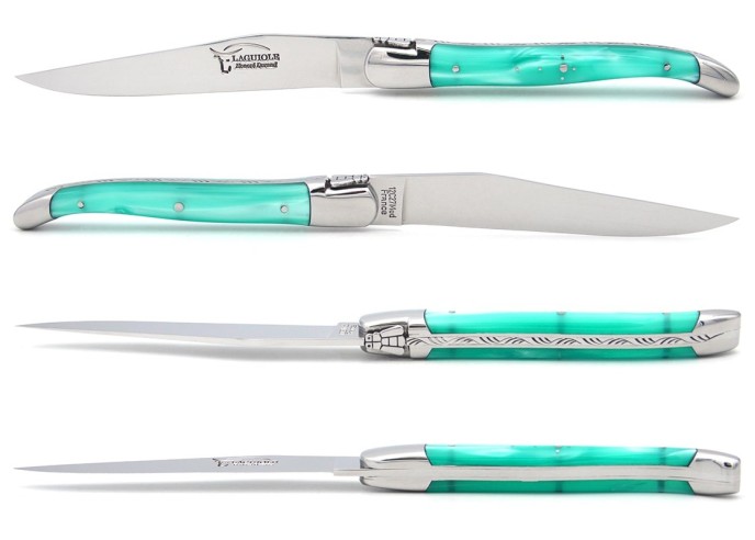 Laguiole steak knives. Slim pearly acrylic handles