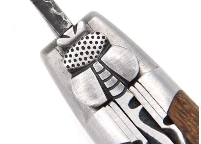 Laguiole pocket knife, 12 cm, brut de forge blade, double plates and bee hand chiseled, abalone handle, shiny bolsters