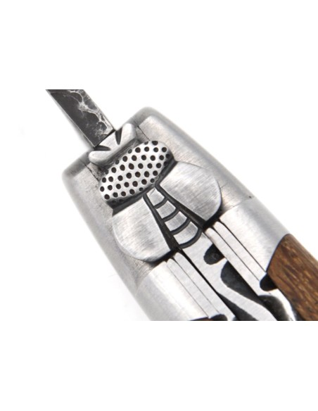 Laguiole pocket knife, 12 cm, brut de forge blade, double plates and bee hand chiseled, abalone handle, shiny bolsters
