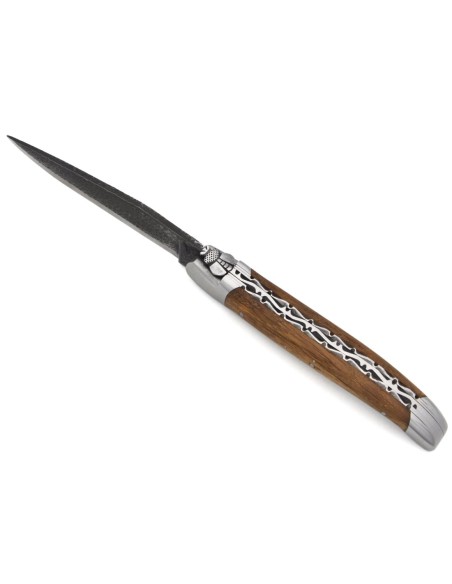 Laguiole pliant 12 cm, lame brut de forge, abeille ciselée au burin, doubles platines ciselées, manche en abalone, inox brillant