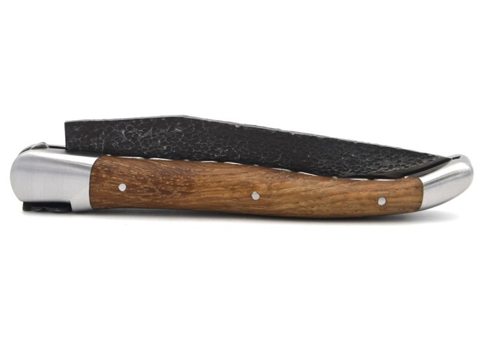 Laguiole pocket knife, 12 cm, brut de forge blade, double plates and bee hand chiseled, abalone handle, shiny bolsters