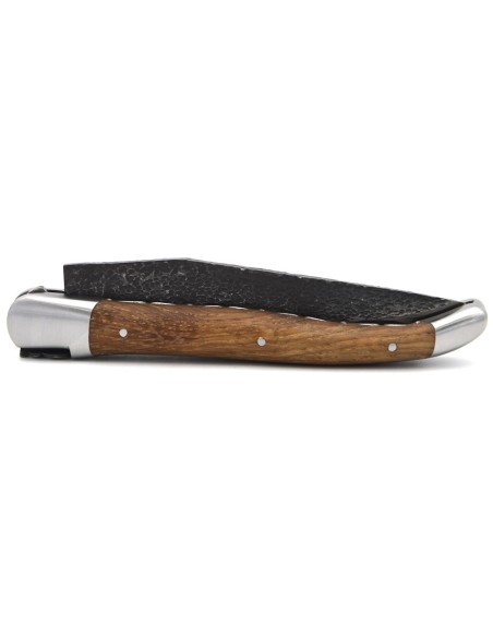 Laguiole pocket knife, 12 cm, brut de forge blade, double plates and bee hand chiseled, abalone handle, shiny bolsters