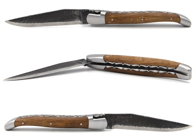 Laguiole pocket knife, 12 cm, brut de forge blade, double plates and bee hand chiseled, abalone handle, shiny bolsters