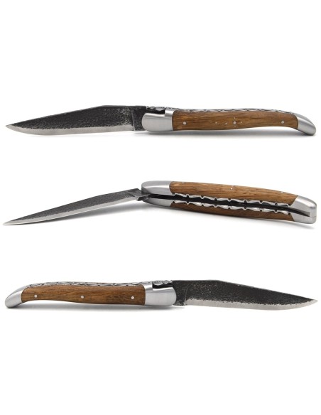 Laguiole pocket knife, 12 cm, brut de forge blade, double plates and bee hand chiseled, abalone handle, shiny bolsters