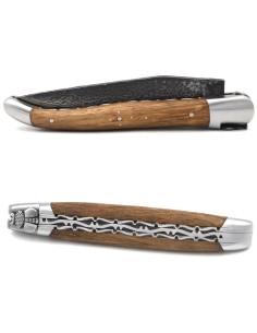 Laguiole pliant 12 cm, lame brut de forge, abeille ciselée au burin, doubles platines ciselées, manche en abalone, inox brillant