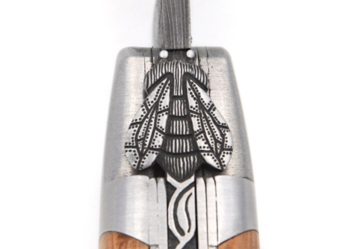 laguiole 12cm damast klinge biene und feder mit meissel handziseliert griff aus wacholder