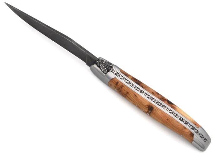 laguiole 12cm damast klinge biene und feder mit meissel handziseliert griff aus wacholder
