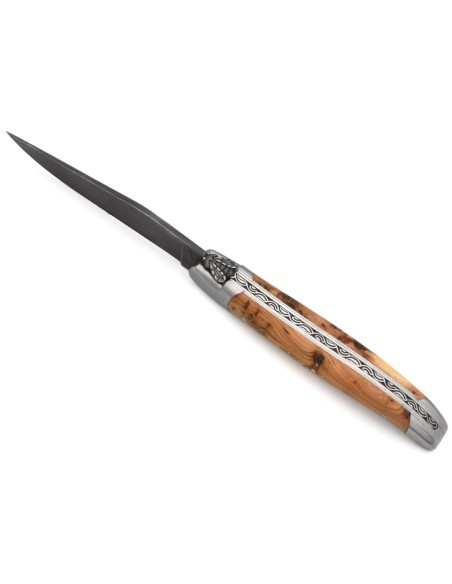 laguiole 12cm damast klinge biene und feder mit meissel handziseliert griff aus wacholder