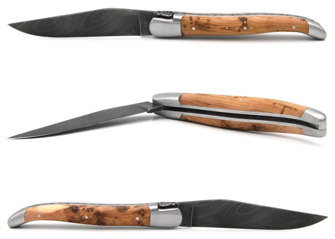 laguiole pliant 12cm lame damas sauvage abeille et ressort ciseles burin manche en genévrier
