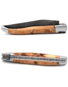 laguiole 12cm damast klinge biene und feder mit meissel handziseliert griff aus wacholder 2