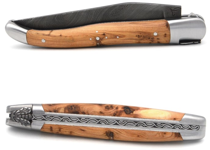 laguiole 12cm damast klinge biene und feder mit meissel handziseliert griff aus wacholder
