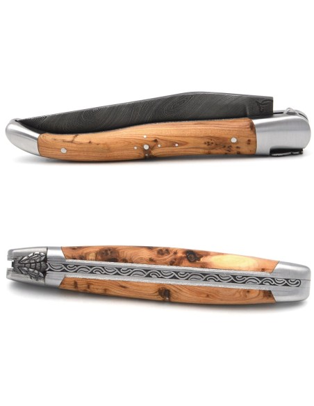 laguiole 12cm damast klinge biene und feder mit meissel handziseliert griff aus wacholder