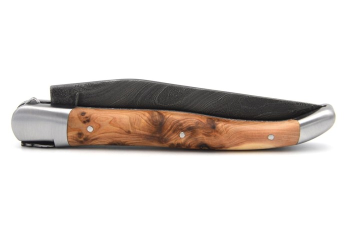 laguiole 12cm damast klinge biene und feder mit meissel handziseliert griff aus wacholder