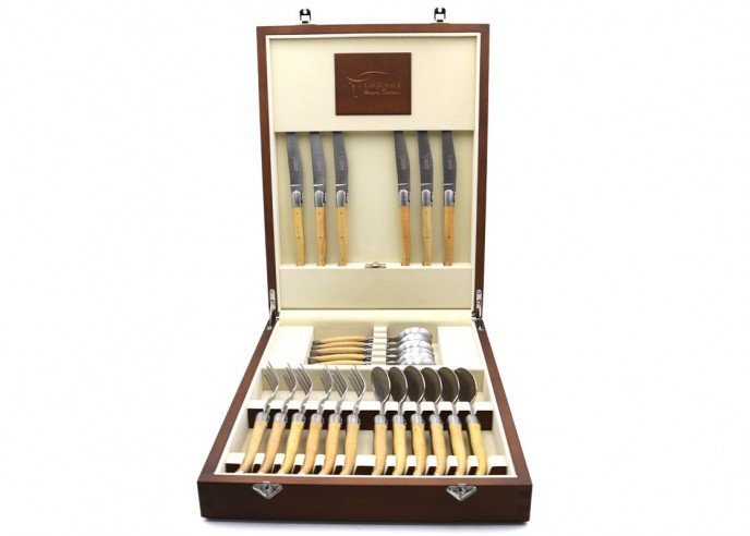Laguiole 24 pieces cutlery set, wide boxwood handles with matt stainless steel bolsters, solid wood case