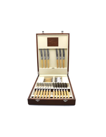 Traditional Laguiole table cutlery set, 24 pieces, wide boxwood handles with stainless steel bolsters