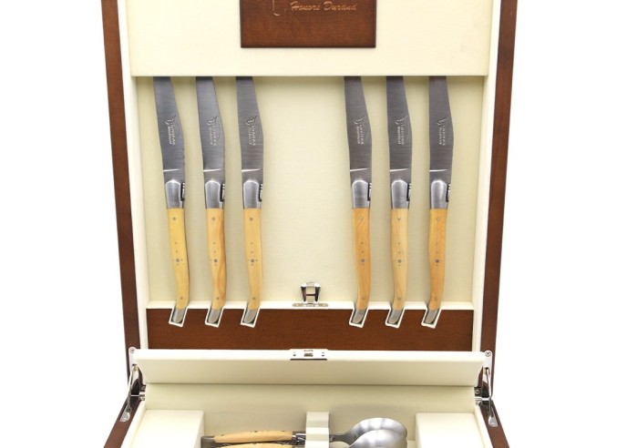Traditional Laguiole table cutlery set, 24 pieces, wide boxwood handles with stainless steel bolsters