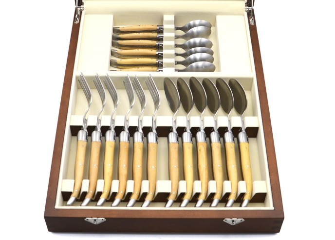Traditional Laguiole table cutlery set, 24 pieces, wide boxwood handles with stainless steel bolsters