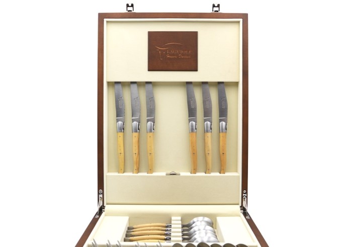 Traditional Laguiole table cutlery set, 24 pieces, wide boxwood handles with stainless steel bolsters
