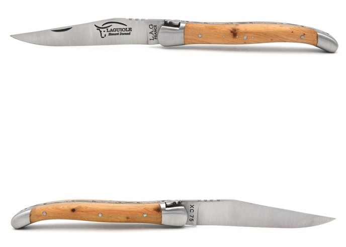 Laguiole Klappmesser, 11cm, Carbonstahl Klinge, Heftbacken aus mattem Edelstahl, Griff aus Wacholderholz