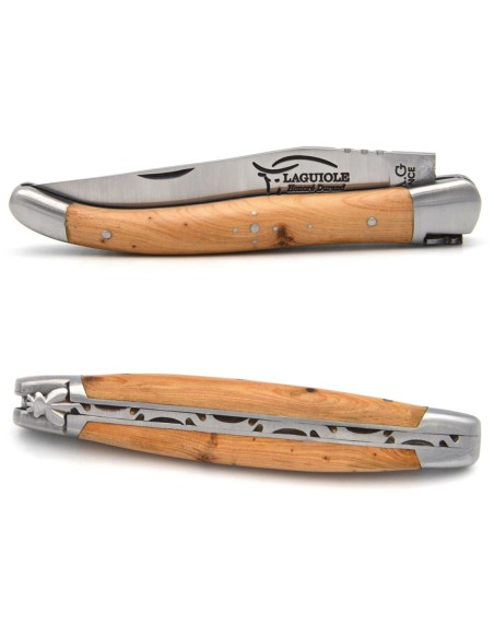 Laguiole pliant abeille forgée massive, 11 cm, manche genévrier cade