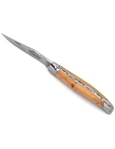 Laguiole Klappmesser, 11cm, Carbonstahl Klinge, Heftbacken aus mattem Edelstahl, Griff aus Wacholderholz 2