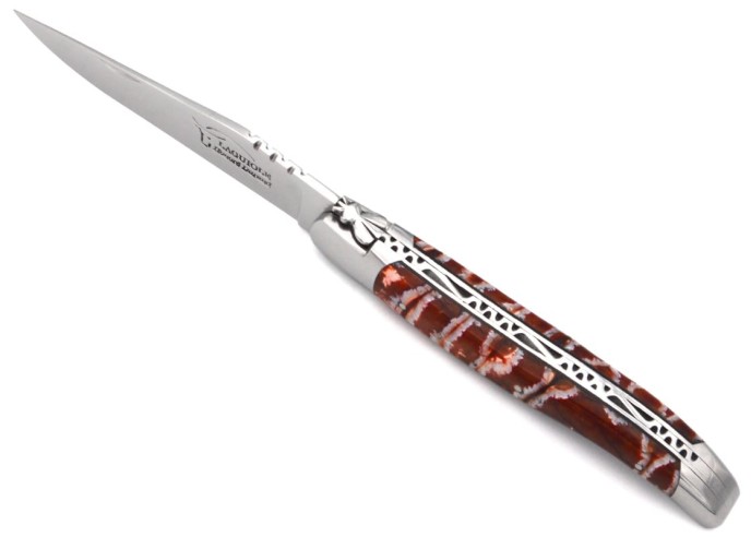Laguiole pliant 12 cm, manche en molaire de mammouth orange-rouge
