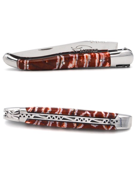 Laguiole pliant 12 cm, manche en molaire de mammouth orange-rouge