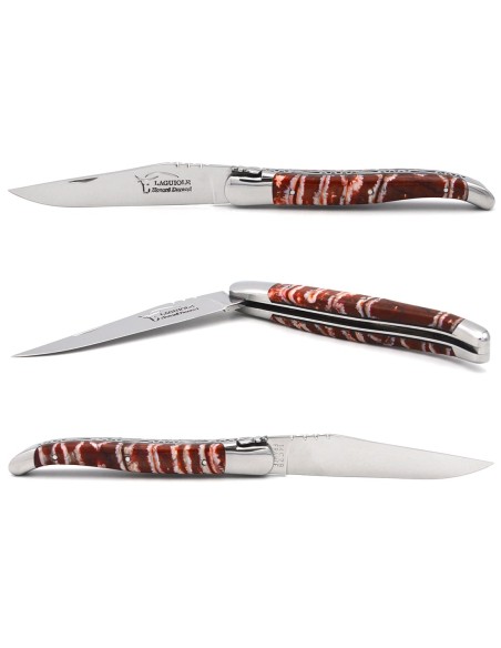 Laguiole pliant 12 cm, manche en molaire de mammouth orange-rouge