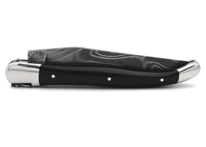 Laguiole pocket knife, 12 cm, forged bee, Damascus steel blade, ebony wood handle with shiny bolsters