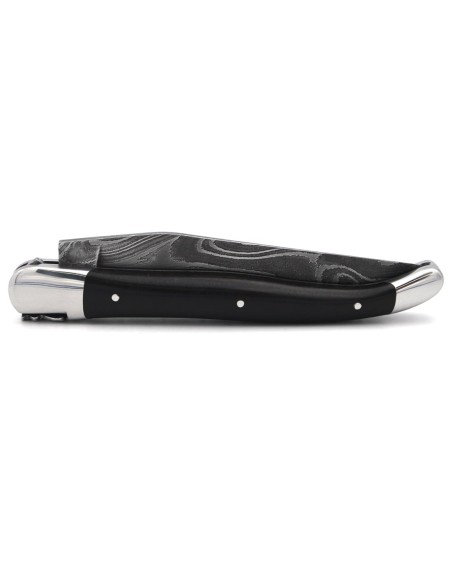 Laguiole pocket knife, 12 cm, forged bee, Damascus steel blade, ebony wood handle with shiny bolsters
