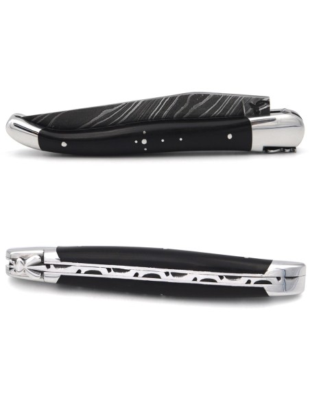 Laguiole pocket knife, 12 cm, forged bee, Damascus steel blade, ebony wood handle with shiny bolsters