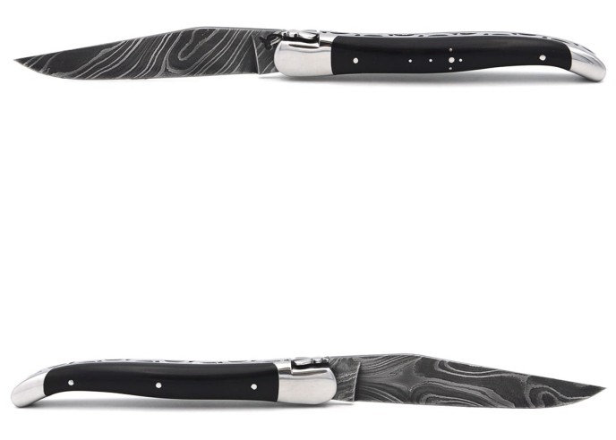 Laguiole pocket knife, 12 cm, forged bee, Damascus steel blade, ebony wood handle with shiny bolsters