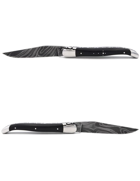 Laguiole pocket knife, 12 cm, forged bee, Damascus steel blade, ebony wood handle with shiny bolsters