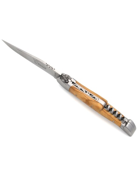 Laguiole knife, 12 cm, woodcock, blade and corkscrew, olivewood