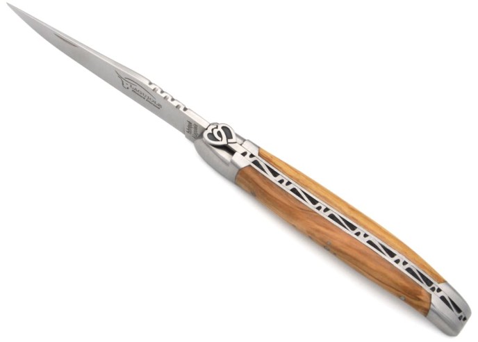 Laguiole pocket knife, 12 cm, interlaced hearts, olive wood handle