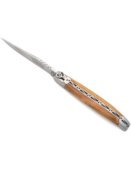 Laguiole Klappmesser, 12cm, verschlungene Herzen, Griff aus Olivenholz