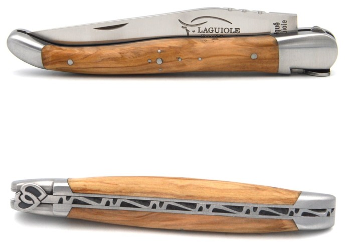 Laguiole pocket knife, 12 cm, interlaced hearts, olive wood handle